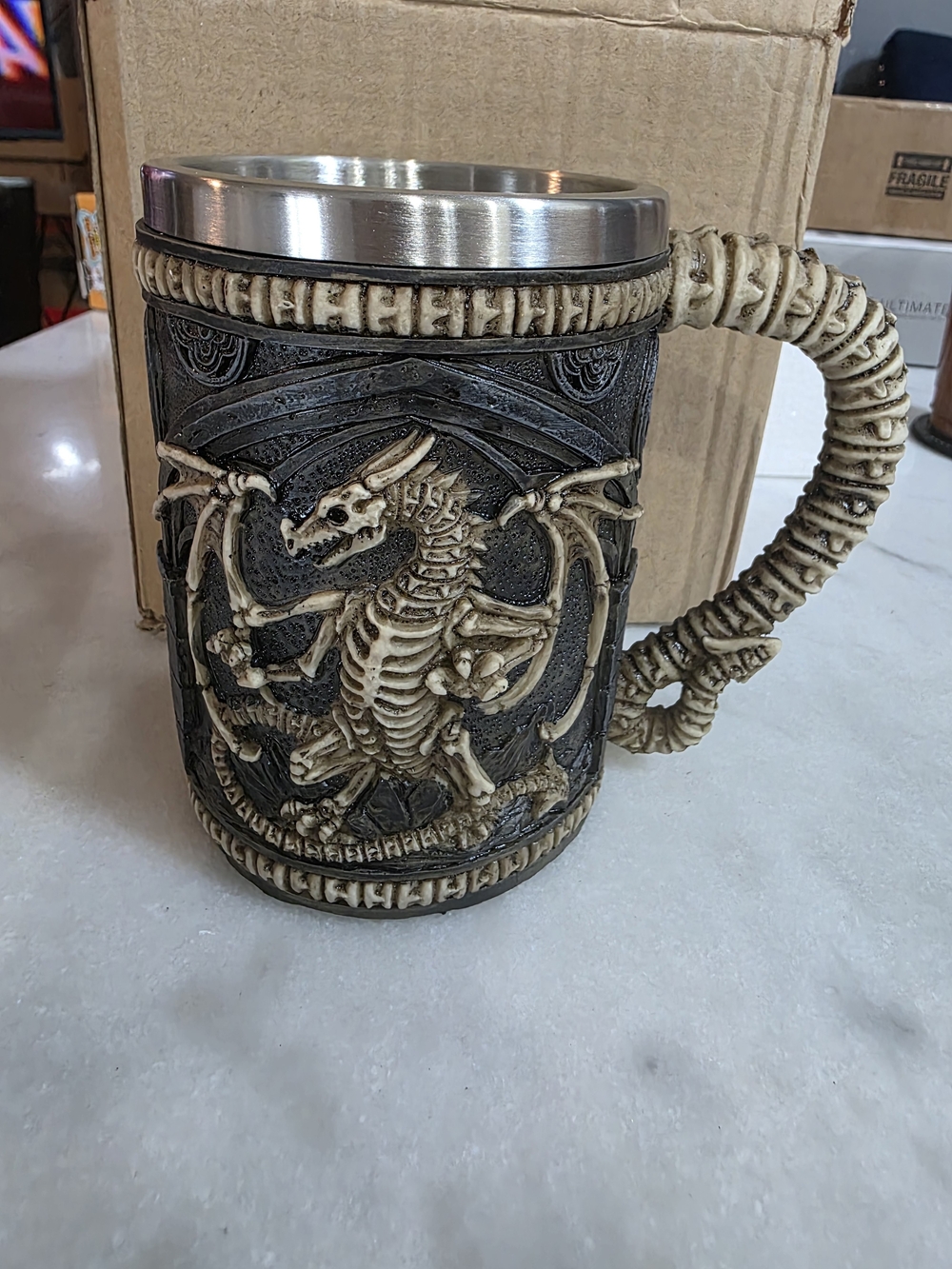 Gothic Dragon Resin Beer Stein with Stainless Liner - Cream & Black